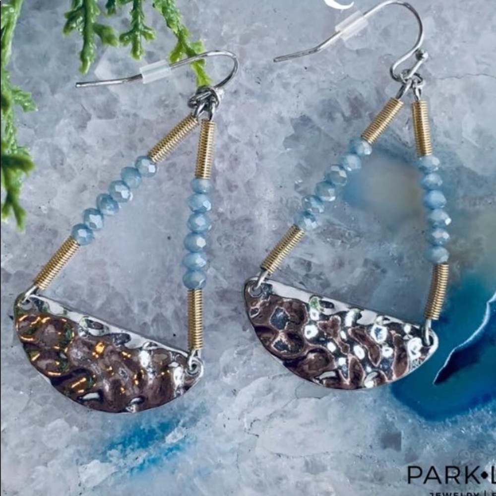 Hammered Silver n blue glass beads Fish hook back